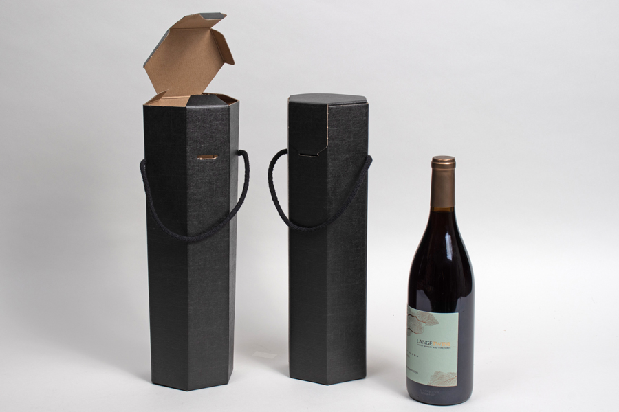 3-3/4 X 3-3/4 X 14” ‘SETA NERO’ BLACK LINEN HEX WINE BOTTLE CARRIERS W/ ROPE HANDLES – 1 (750ML) BOTTLE