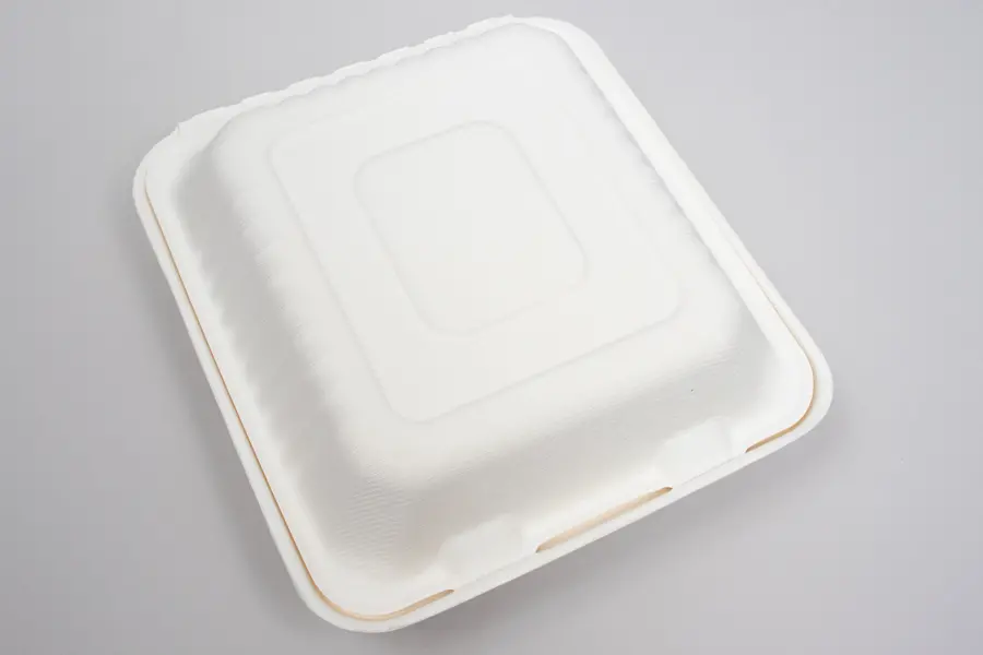 9 X 9 X 3-1/5 BAGASSE HINGE LID BOX PLA LINED WHITE 1 SECTION