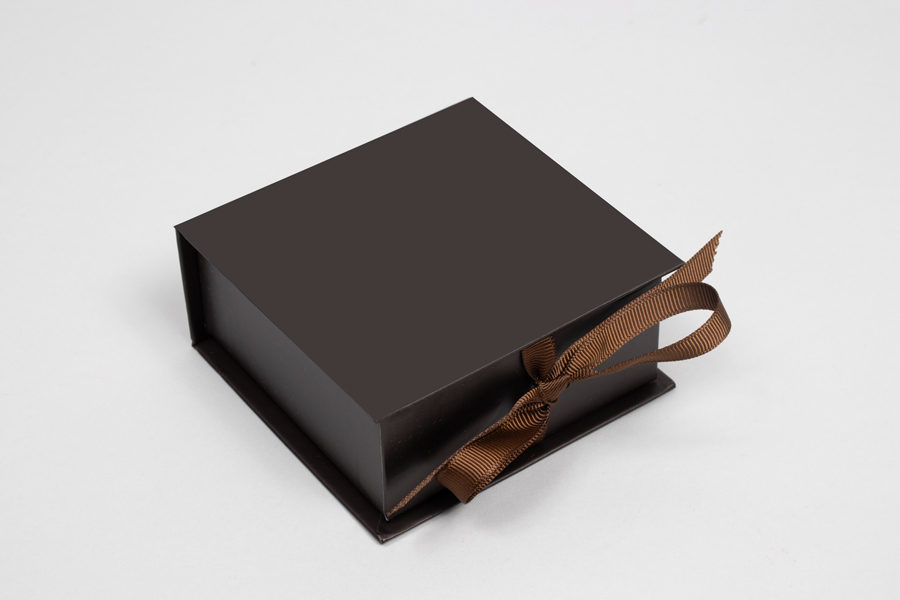 3-1/2 x 3-1/2 x 1-1/2 MATTE CHOCOLATE LUXE JEWELRY BOX WITH CHOCOLATE RIBBON