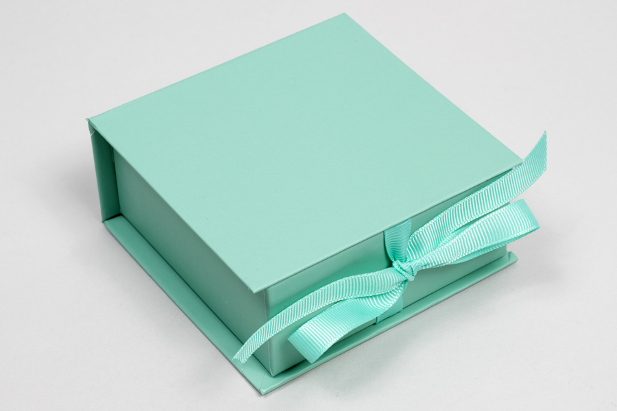 3-1/2 x 3-1/2 x 1-1/2 MATTE TURQUOISE LUXE JEWELRY BOX WITH MATTE TURQUOISE RIBBON