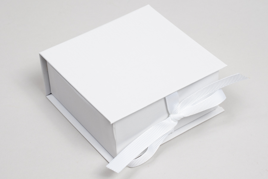 3-1/2 x 3-1/2 x 1-1/2 MATTE WHITE LUXE JEWELRY BOX WITH MATTE WHITE RIBBON