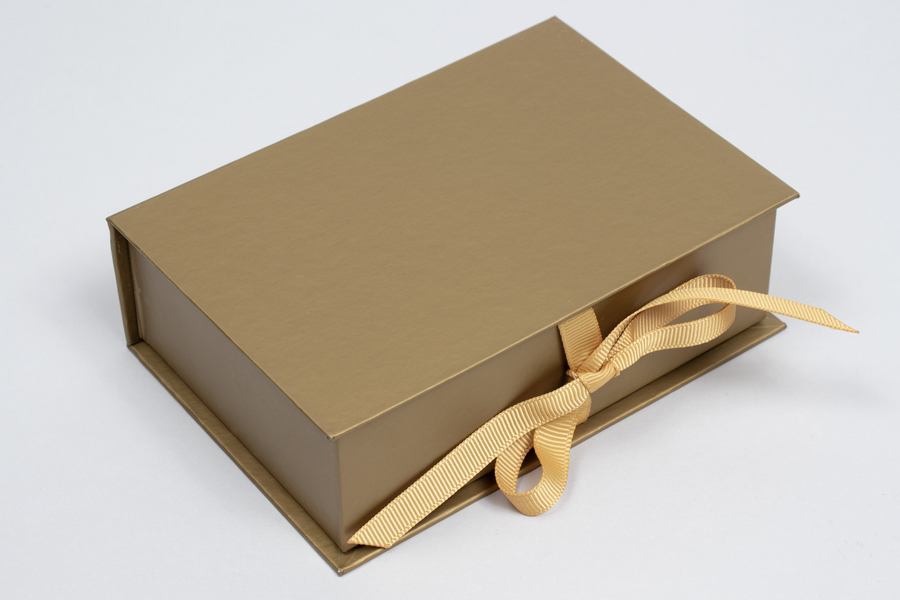 5 x 3-1/2 x 1-1/2 MATTE GOLD LUXE JEWELRY BOX WITH MATTE GOLD RIBBON