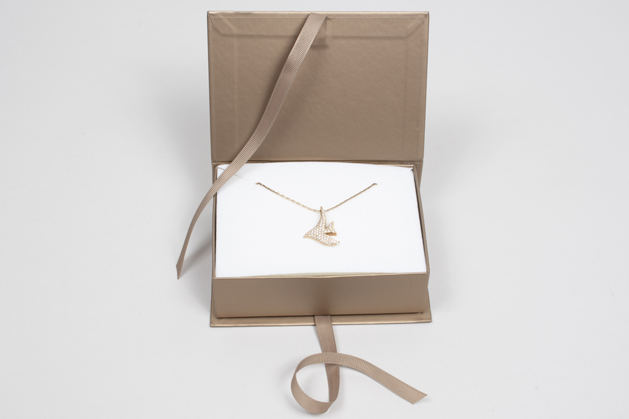 5 x 3-1/2 x 1-1/2 MATTE CHAMPAGNE LUXE JEWELRY BOX WITH MATTE CHAMPAGNE RIBBON