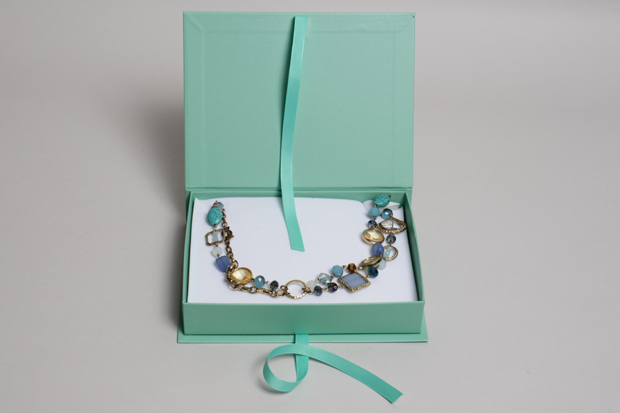 7 x 5-1/2 x 1-1/4 MATTE TURQUOISE LUXE JEWELRY BOX WITH MATTE TURQUOISE RIBBON