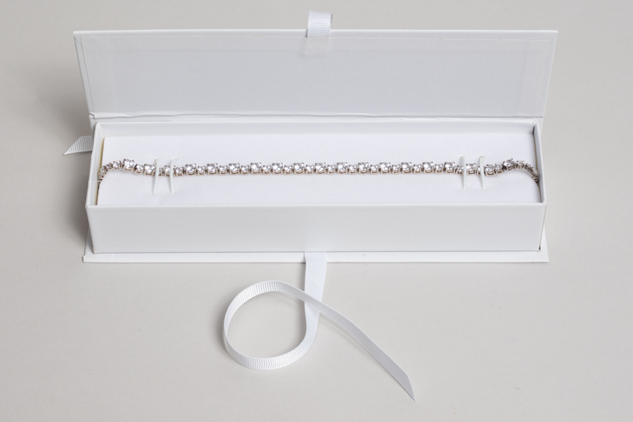 8 x 2 x 1-1/4 MATTE WHITE LUXE JEWELRY BOX WITH MATTE WHITE RIBBON