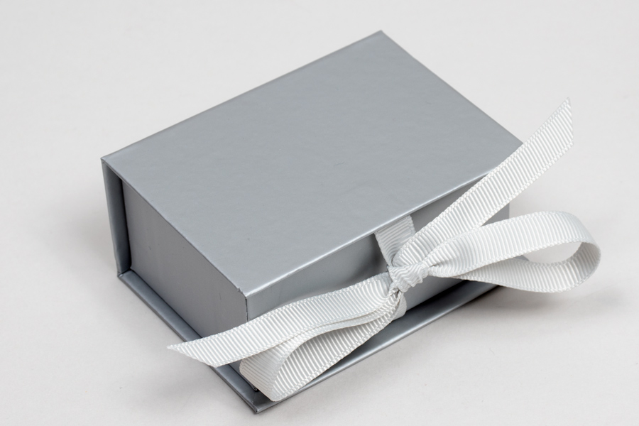 3 x 2-1/8 x 1 MATTE SILVER LUXE JEWELRY BOX WITH MATTE SILVER RIBBON