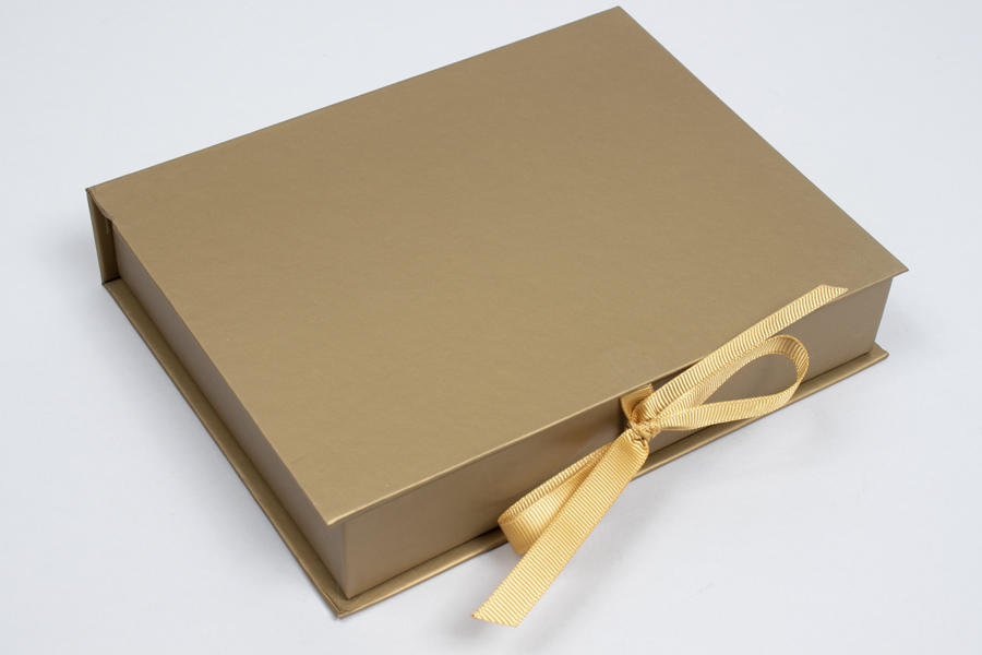 7 x 5-1/2 x 1-1/4 MATTE GOLD LUXE JEWELRY BOX WITH MATTE GOLD RIBBON